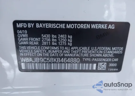2019 BMW M550I xDrive z USA, uszkodzony, nr VIN WBAJB9C58KB464880